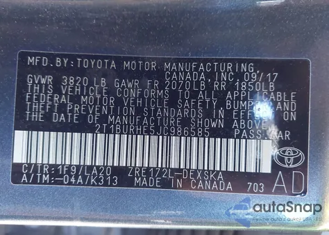 2018 Toyota Corolla Xse from USA, damaged, VIN 2T1BURHE5JC986585